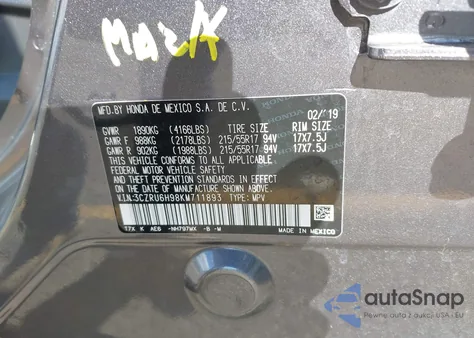 2019 Honda Hr-V Touring z USA, uszkodzony, nr VIN 3CZRU6H98KM711893